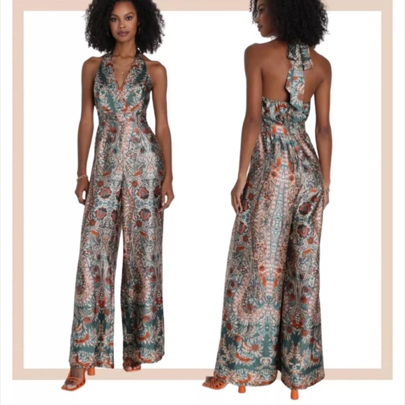 Lulus Pants - Lulus Medium Boho Halter Scarf Print Satin Wide Leg Jumpsuit Green Paisley